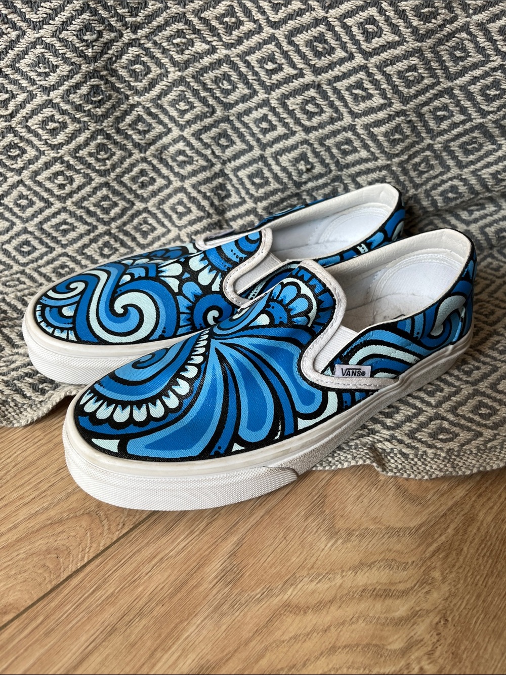 Vans Slip-On Custom Sneakers in Multi-Tone Blue Painted Artwork